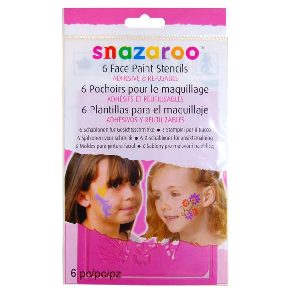 Pack of 6 pink Snazaroo adhesive face paint stencils featuring girls with fairy and floral cheek designs.