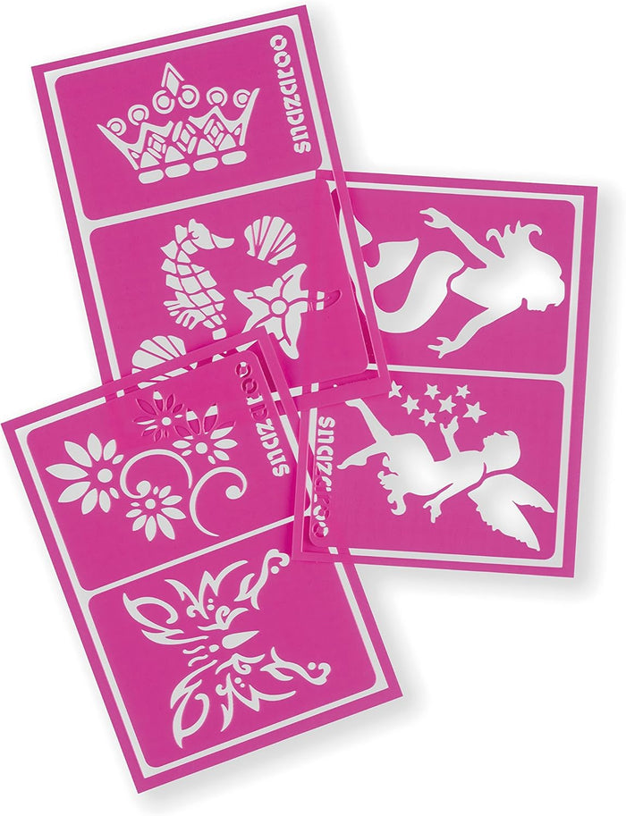 Three pink stencil sheets with white cutouts of a crown, butterfly, mermaid, fairy, flowers, and sea creatures.