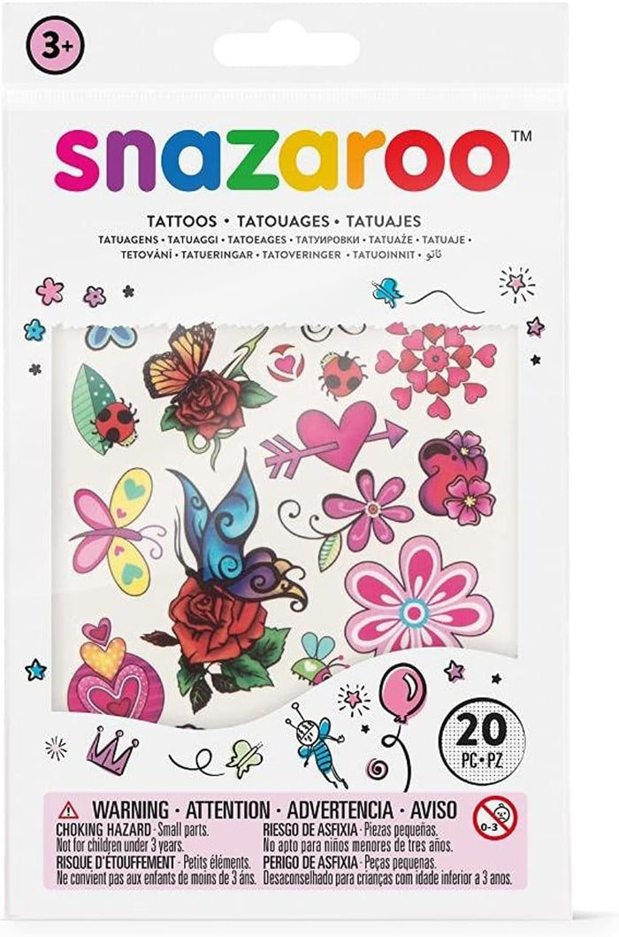 Colorful Snazaroo temporary tattoos featuring flowers, butterflies, and ladybugs in white and clear retail packaging.