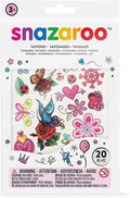 Colorful Snazaroo temporary tattoos featuring flowers, butterflies, and ladybugs in white and clear retail packaging.