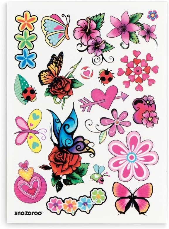 Colorful sheet of 20 temporary tattoos featuring butterflies, red roses, pink flowers, ladybugs, and hearts.