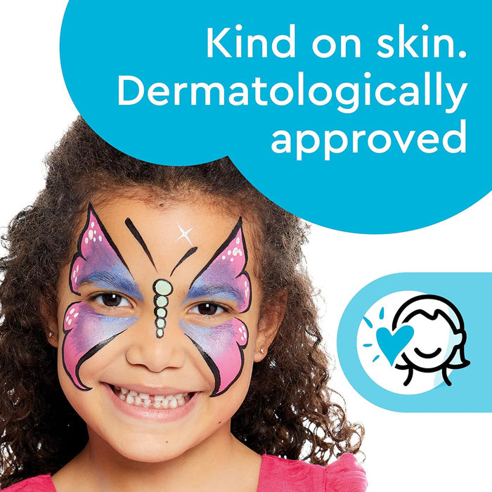 Smiling child with pink and purple butterfly face paint; text: Kind on skin. Dermatologically approved.