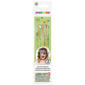 Three face paint brushes with light green handles and golden bristles in white packaging with a girl's painted face.