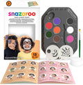 Snazaroo face paint kit including 8 colors, brush, sponge, bat and spiderweb stencils, and a guide book showing kids.