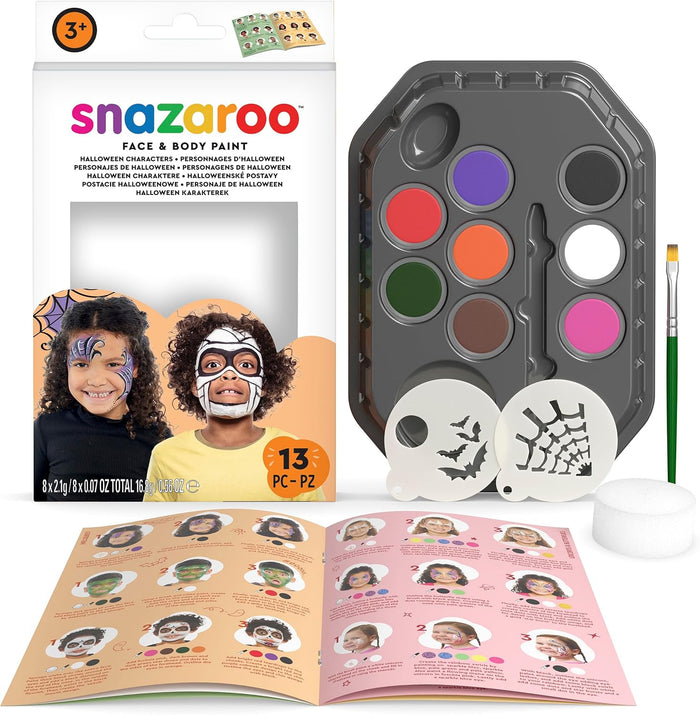 Snazaroo face paint kit including 8 colors, brush, sponge, bat and spiderweb stencils, and a guide book showing kids.