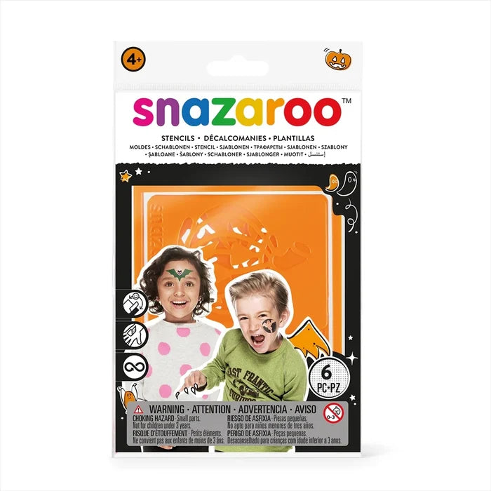 Snazaroo Halloween stencil kit with kids in face paint and an orange stencil sheet in white and black packaging.