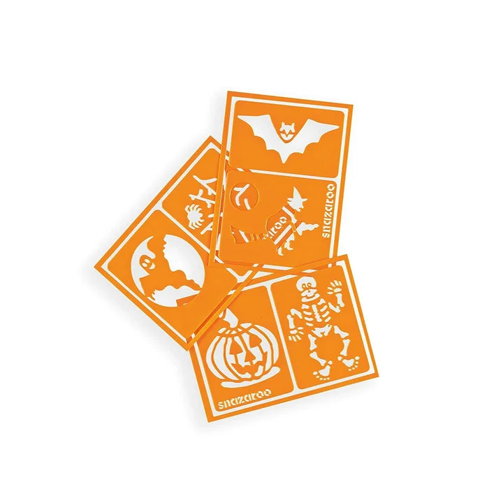 Four orange face painting stencils featuring cutouts of a bat, witch, ghost, spider, pumpkin, and skeleton.