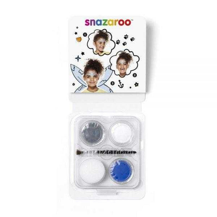 Snazaroo face paint set with grey, white, and blue pots, sponge, and brush in packaging with painted children's faces.