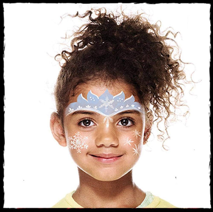 Young girl with a light blue and white painted tiara and white snowflake designs on her cheeks.