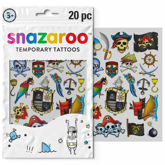 Set of 20 pirate temporary tattoos with colorful designs like skulls, ships, and parrots in a white retail packet.