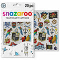 Set of 20 pirate temporary tattoos with colorful designs like skulls, ships, and parrots in a white retail packet.