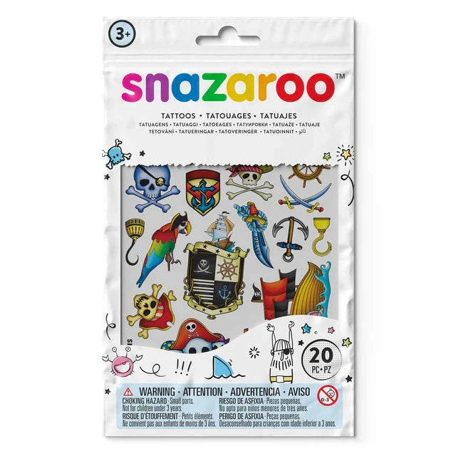 White package of 20 pirate temporary tattoos showing colorful designs of skulls, anchors, ships, and a parrot.