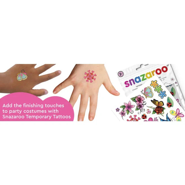 Hands showing floral temporary tattoos next to a Snazaroo pack with colorful butterfly and flower designs.