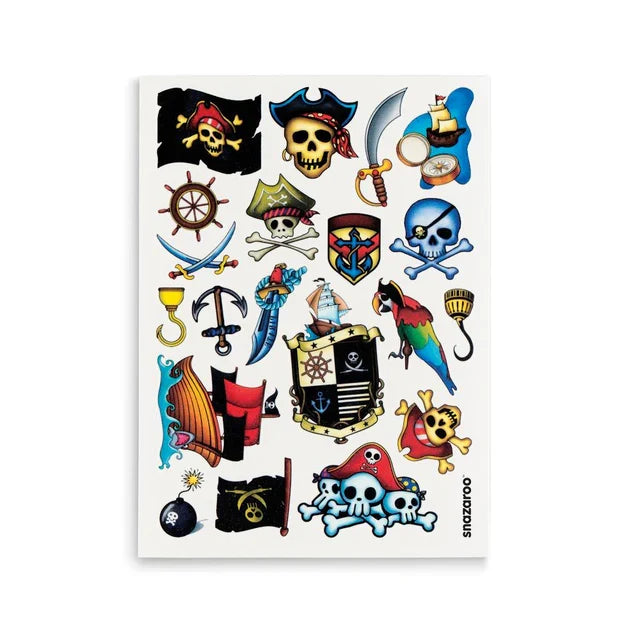 Sheet of 20 pirate temporary tattoos featuring colorful designs of skulls, ships, parrots, anchors, and swords.