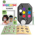 Snazaroo kit with 8 face paint colors in a tray, a sponge, brush, and illustrated guide showing children with painted faces.