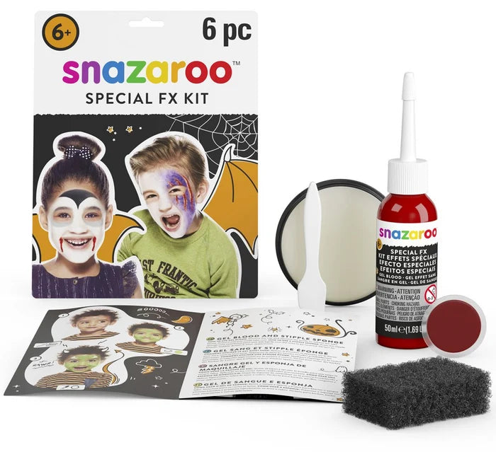 Special FX kit with red gel blood, face paint pots, black sponge, and spatula next to illustrated packaging.