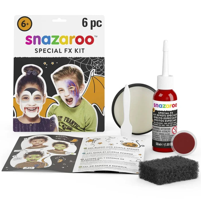 Special FX makeup kit with red gel blood, beige wax, black sponge, and spatula. Packaging shows kids in costume makeup.