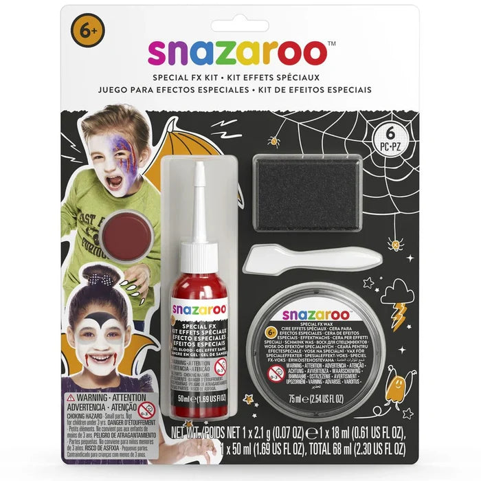 Snazaroo kit with red gel blood, black face paint, and skin wax. Packaging features kids with horror-style makeup effects.