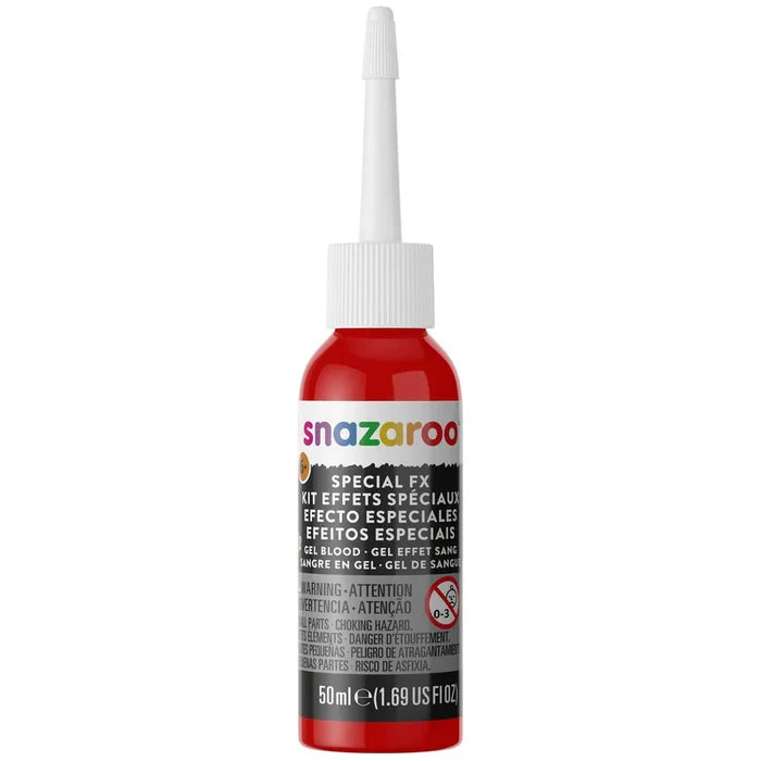 50ml bottle of bright red Snazaroo Gel Blood with a long white applicator nozzle and multi-language label.