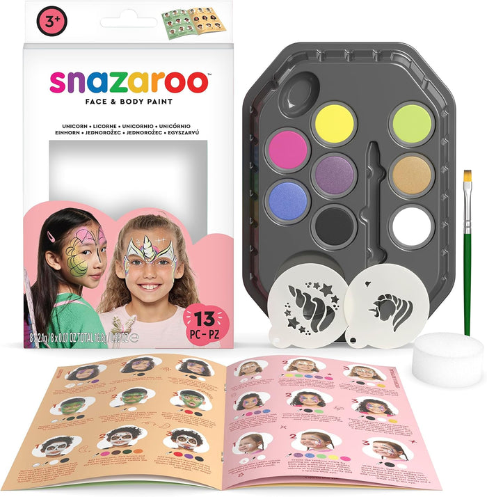 Snazaroo face paint kit with 8 colors in a black palette, brush, sponge, stencils, and an illustrated design booklet.