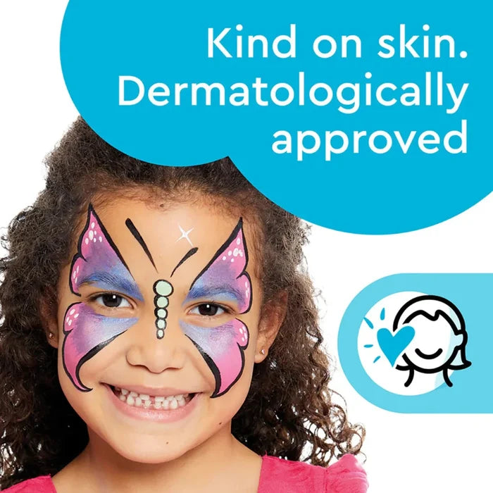 Smiling child with pink and purple butterfly face paint. Text: Kind on skin. Dermatologically approved.