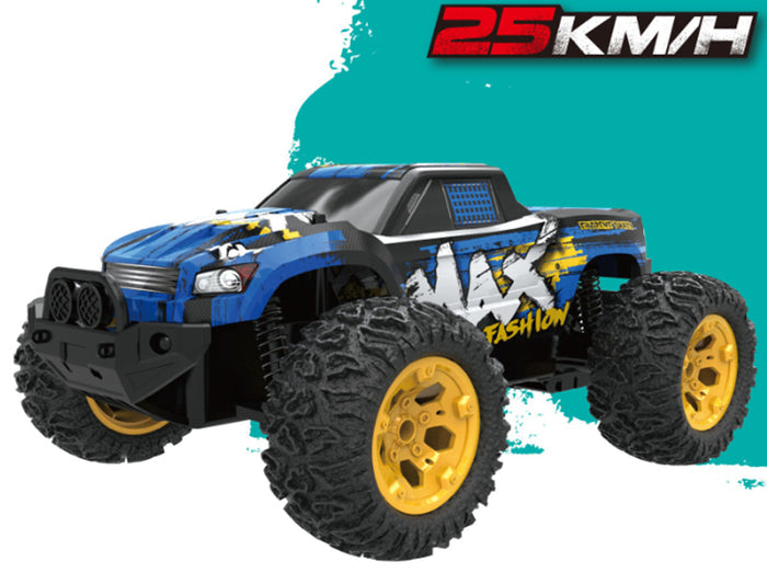Dealonlinenz SNEAK Mountain Crazed cross-country racing car 1:12 scale, blue and black design, speeding on rugged terrain.