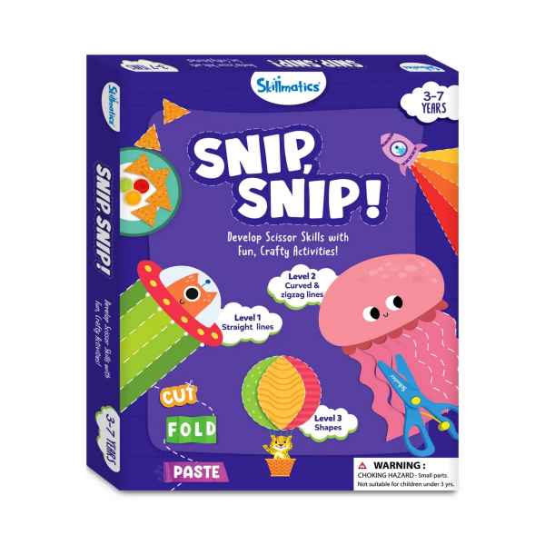 Purple craft kit box with colorful cartoon animal illustrations and blue safety scissors for ages 3 to 7.