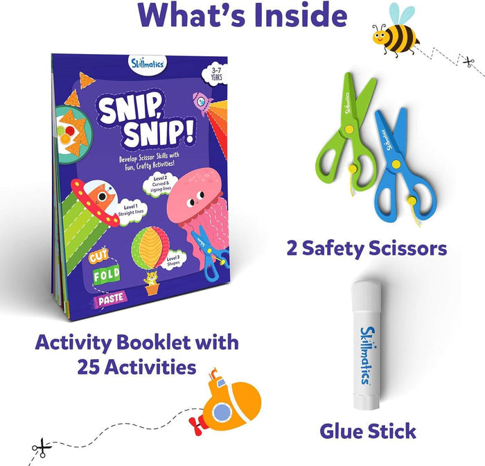 An activity kit featuring a colorful booklet, green and blue plastic safety scissors, and a white glue stick.