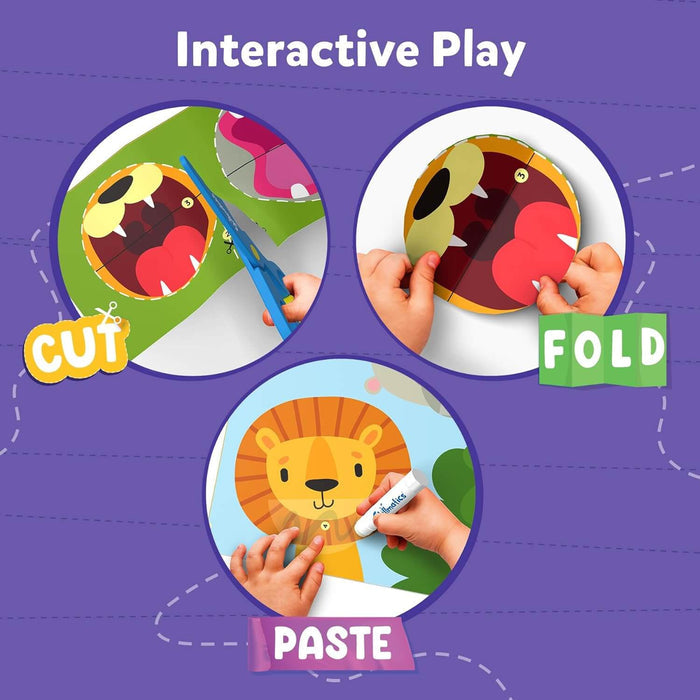 Three circles show cutting, folding, and pasting a paper lion face onto an illustration with scissors and glue.