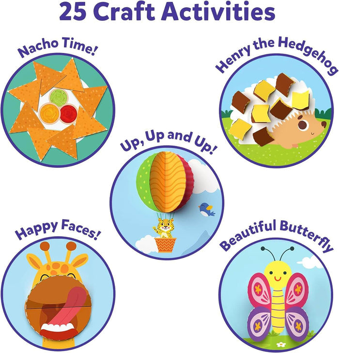 Five colorful paper crafts: nachos, hedgehog, hot air balloon, giraffe with open mouth, and a butterfly.