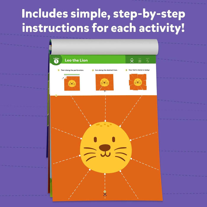 Activity pad page with step-by-step instructions for a lion craft with cutting lines on an orange background.