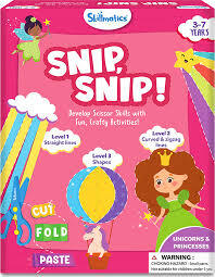 Pink box with a princess, fairy, and unicorn in a hot air balloon, showing levels for scissor skill development.