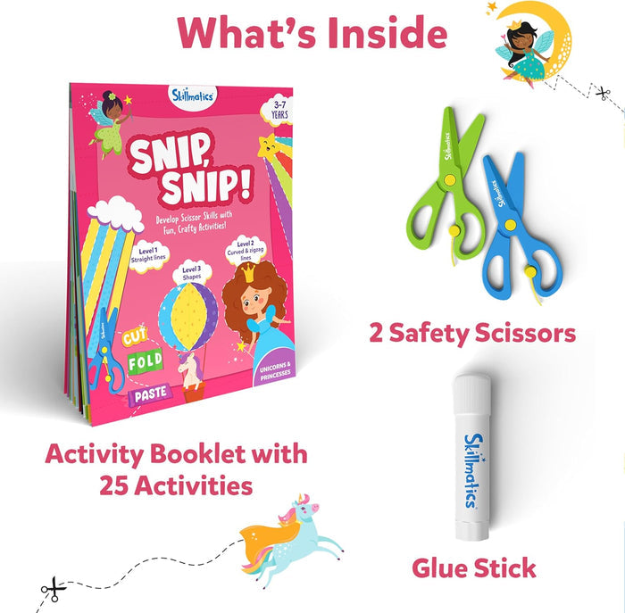 Pink princess-themed activity booklet with 25 crafts, green and blue safety scissors, and a white glue stick.