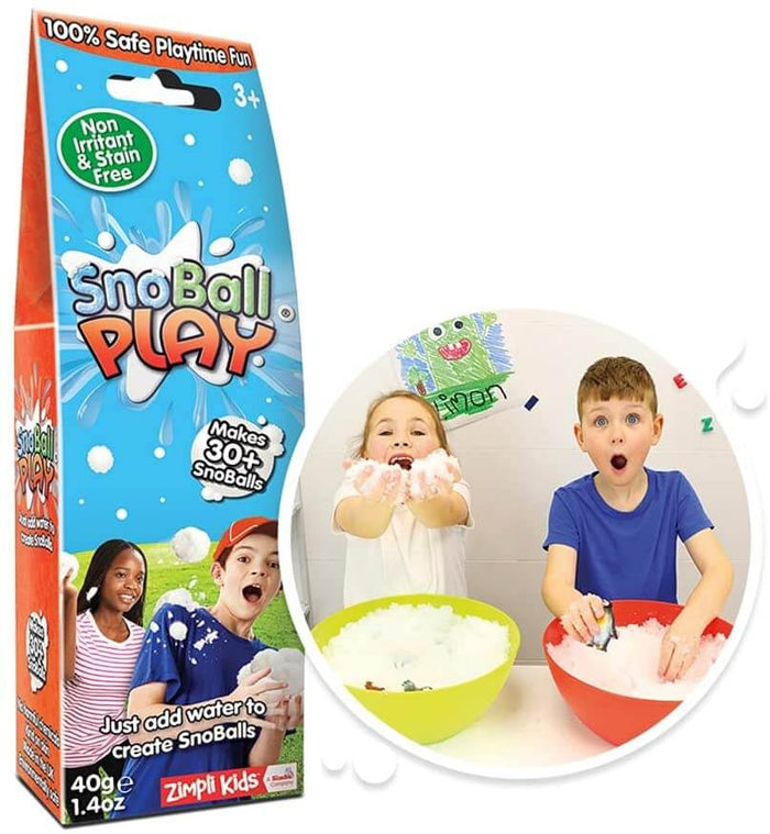 Blue SnoBall Play box featuring children playing with fluffy white artificial snow in yellow and red bowls.