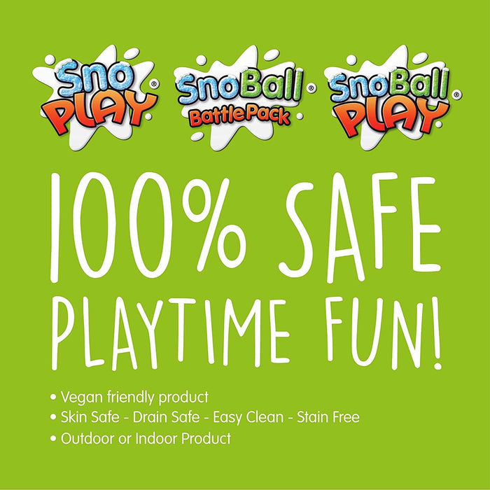 Bright green promotional graphic for SnoPlay highlighting 100% SAFE PLAYTIME FUN! and key product safety features.