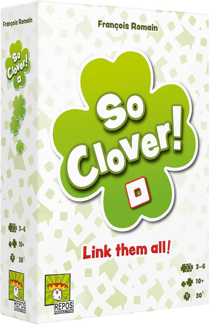 White game box featuring a large green four-leaf clover logo, bubbly white text, and light green confetti pattern.