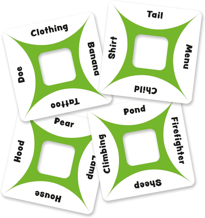 Four white and lime green clover-shaped cards with words on each side and square cutouts in the center.