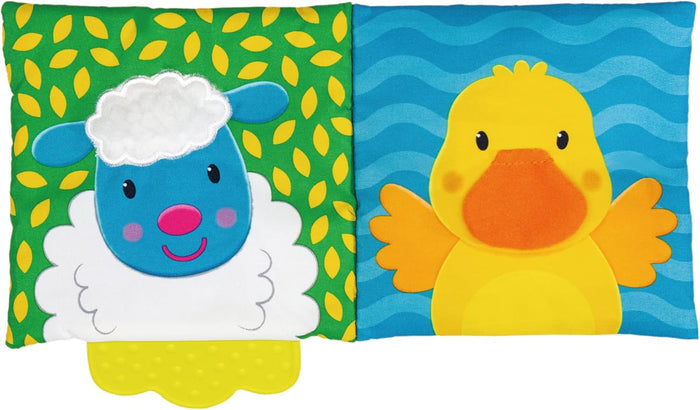 Soft book showing a blue sheep on green leaves and a yellow duck on blue waves, featuring a yellow textured teether.