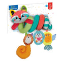 Baby Clementoni Soft Spiral toy with plush fox, raccoon, hedgehog, and bird dangling against cardboard packaging.