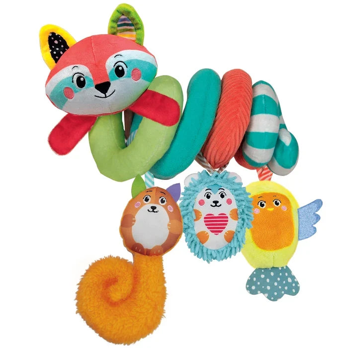 Colorful plush spiral toy with a fox head and hanging squirrel, blue hedgehog, and yellow bird figures.