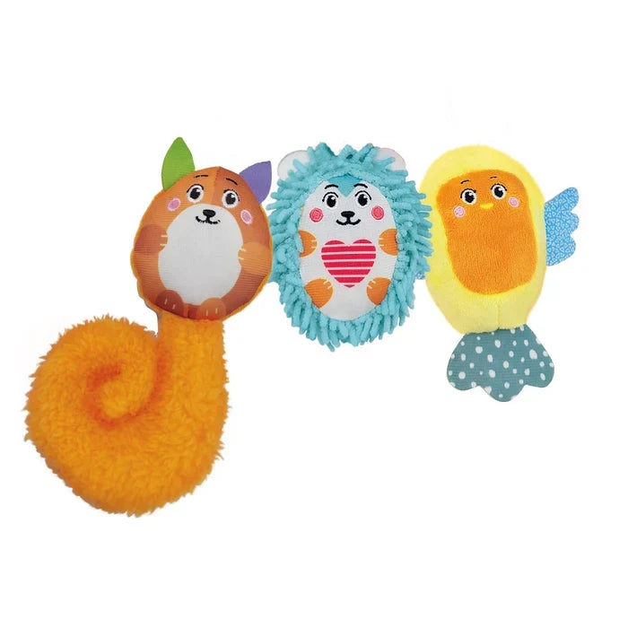 Plush baby toys: orange squirrel with fluffy tail, blue shaggy hedgehog with a heart, and yellow bird with blue wings.