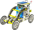 White and yellow solar-powered toy robot with four wheels, exposed gears, and a top-mounted solar panel.