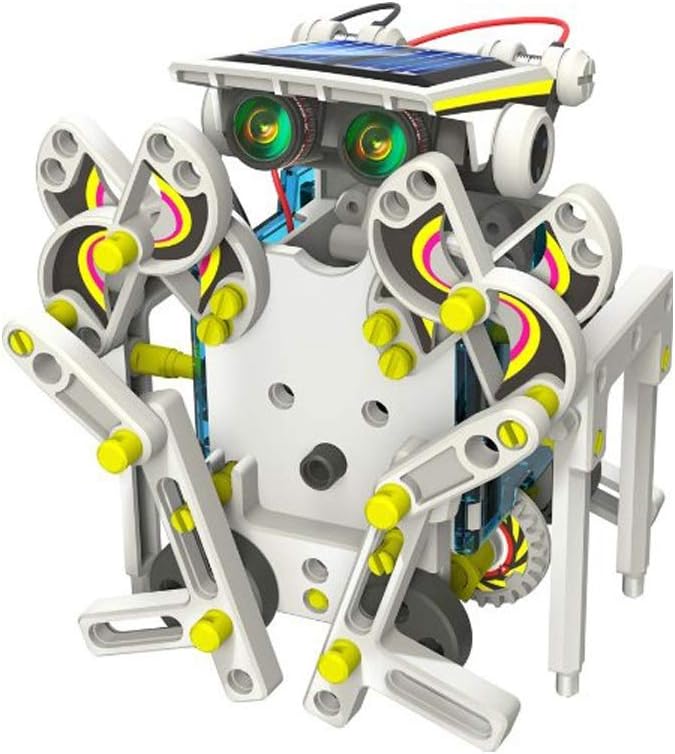 White plastic robot toy with yellow accents, large green lens eyes, a top solar panel, and mechanical walking legs.