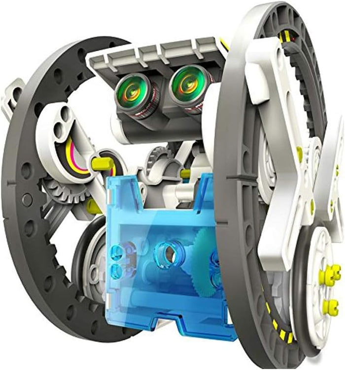 Toy robot with large gray wheels, translucent blue body, and a solar-powered head with green camera-like eyes.