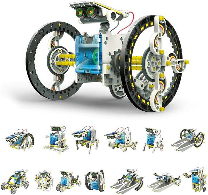 White and blue solar-powered robot with large wheels and 12 alternative configurations shown in small thumbnails.