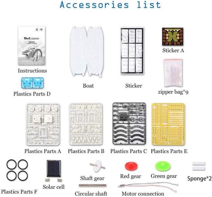 Accessories list showing instructions, solar panel, colored gears, wires, and multiple plastic part sprues.
