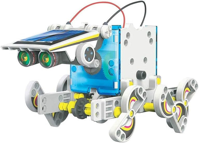 White and blue solar-powered robot with multi-jointed legs, green binocular eyes, and visible internal gears.