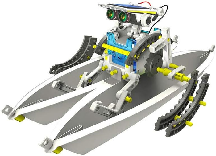 Solar-powered robot kit as a white catamaran boat with yellow joints, blue details, and a solar panel on top.