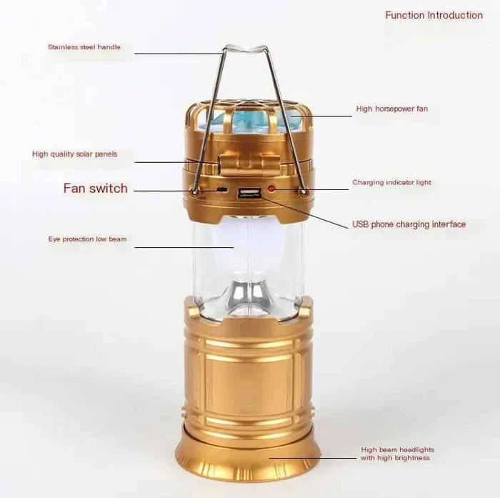 Mead's Supply solar camping lantern fan with rechargeable LED light and cooling fan, silver 2-in-1 camping equipment for outdoor use