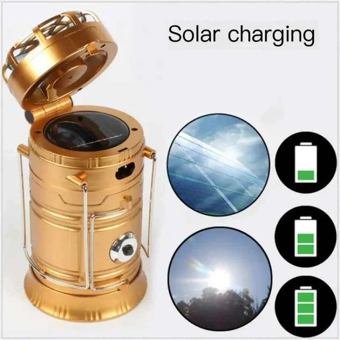 Mead's Supply 2-in-1 solar camping lantern fan with rechargeable LED light and cooling fan, silver outdoor camping equipment